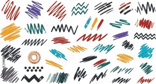Intricate geometric brush strokes collection. Abstract geometric bold lines and dots. Hand drawn bold grunge shapes, curved and zigzag lines. Naive sketchy marker strokes for collages, banners