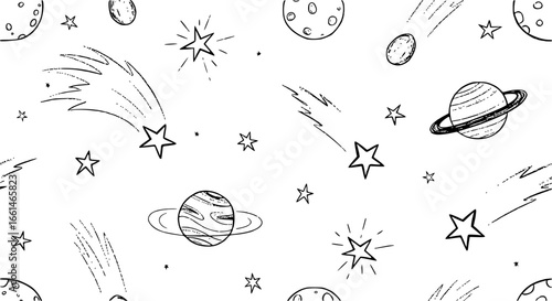 Funky crayon drawn planets, asteroids, stars and constellations. Doodle outer space childish icons set. Crayon drawings of night sky or galaxy symbols. Childish cosmic illustration. Pencil texture