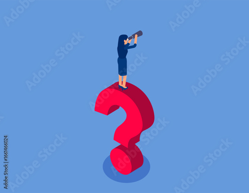 Businesswoman holding a telescope standing on a question mark looking into the distance. Flat isometric vector concept