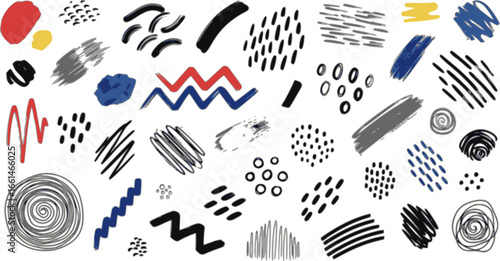 Intricate geometric brush strokes collection. Abstract geometric bold lines and dots. Hand drawn bold grunge shapes, curved and zigzag lines. Naive sketchy marker strokes for collages, banners
