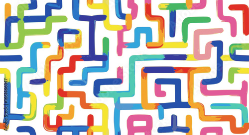 Funky geometric maze colorful seamless pattern. Bold brush drawn curved and zigzag lines with dots.
