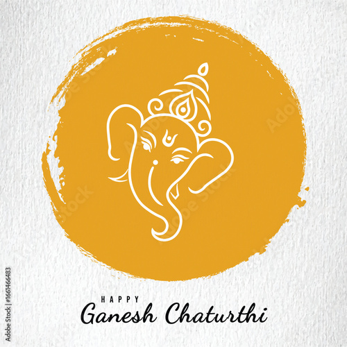 Lord Ganesha vector line art illustration with yellow paint stroke circle background, abstract hindu deity ganpati outline design for ganesh chaturthi festival greeting card, posters, invitations