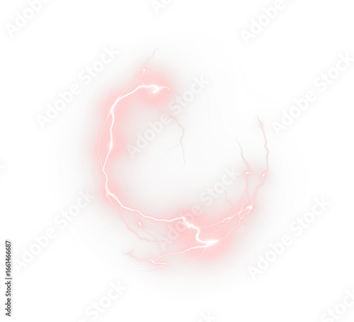 Magic, red, abstract, neon plasma ring spark glowing with electric lightning energy. Transparent portal PNG effect, futuristic thunder circle PNG Overlay for storm and shock design themes.