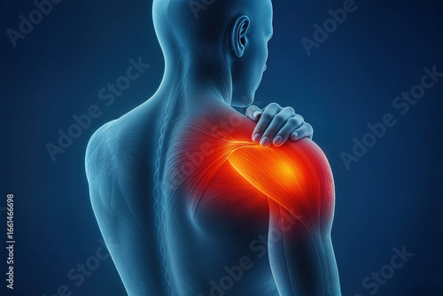 3D medical illustration of  man with severe shoulder pain. Highlighted rotator cuff muscle injury. Concept of shoulder inflammation and muscle tear.