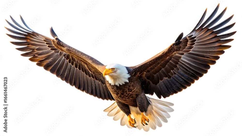 Obraz premium A Spread-Wing Bald Eagle Soars in the Sky Isolated on White Background as Transparent. PNG. AI GENERATED