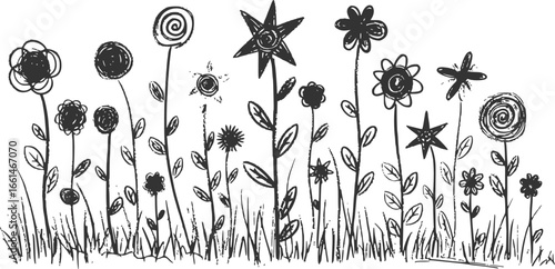 Funky childish crayon drawn flowers, meadow plants and stems.
