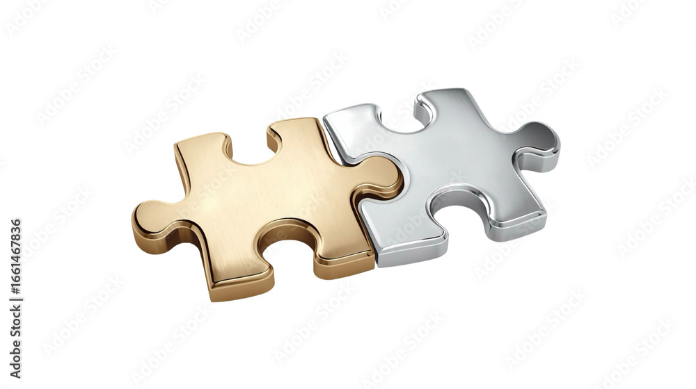 Fototapeta premium Realistic Interlocking Gold and Silver Puzzle Piece Collaboration Partnership Element