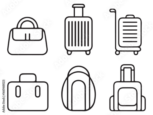 Simple black line travel luggage icons set including suitcase, backpack, handbag, trolley, and briefcase design