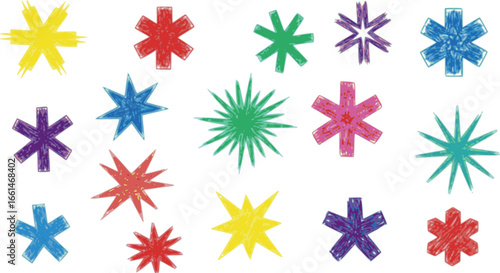 Various crayon drawn asterisks and star shapes. Colorful brush drawn asterisks, vector funky geometric figures. Grunge bold and thin forms. Naive playful typography design elements. Rough symbols.