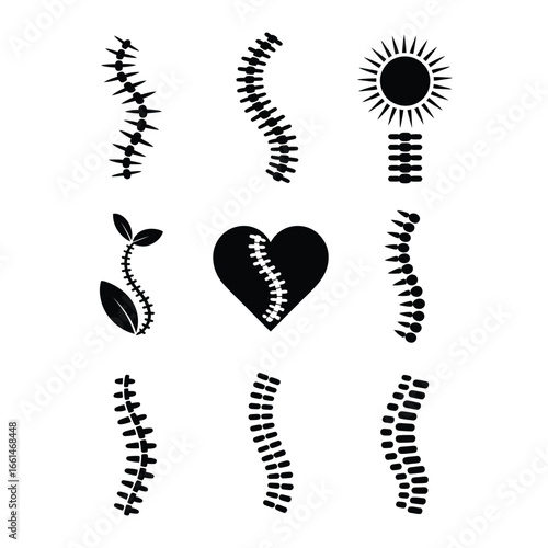 Black and white vector abstract spine symbol pack showing spiral, leaf, heart, sun, minimal wave, and geometric vertebrae shapes