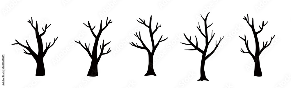 Fototapeta premium Set of Dead tree black silhouette vector art, Icons, and graphics. Halloween tree by hand drawing. White background.