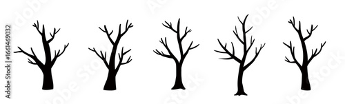 Set of Dead tree black silhouette vector art, Icons, and graphics.
Halloween tree by hand drawing.
White background.
