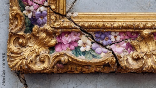 Gold-toned ornate picture frame, cracked and decorated with floral mosaics