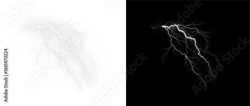 Lightning, electric, strike, storm, thunder in hi-res PNG. Powerful bolt flash PNG, transparent sky energy Overlay effect. Realistic dramatic electricity burst background.