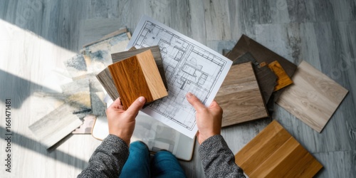 Choosing flooring materials while planning an interior design layout in a modern space with various samples