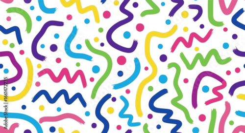 Funky geometric maze colorful seamless pattern. Bold brush drawn curved and zigzag lines with dots.
