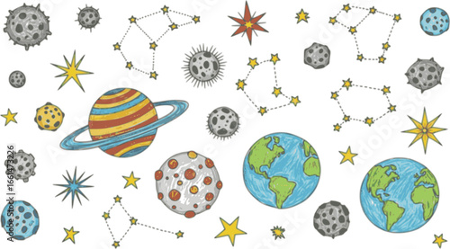 Funky crayon drawn planets, asteroids, stars and constellations. Doodle outer space childish icons set. Crayon drawings of night sky or galaxy symbols. Childish cosmic illustration. Pencil texture