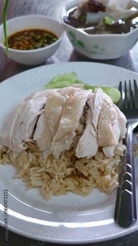 Hainanese Chicken Rice Served on Table in Restaurant. Asian Traditional Food.