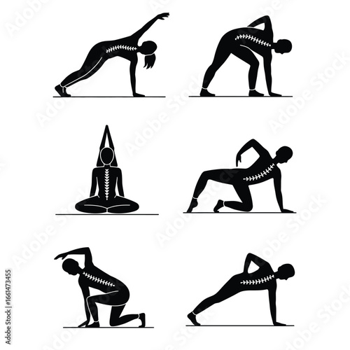 Black and white vector icons pack of spinal exercise showing stretching, back bend, touch toes, plank, side stretch, and spine mobility