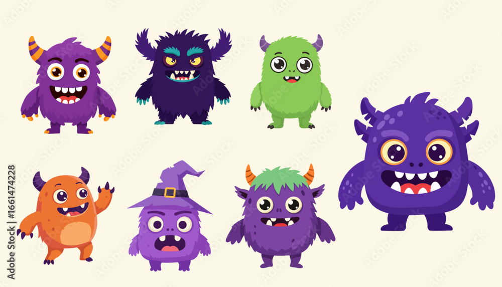 Fototapeta premium Halloween different character monster set cartoon vector illustration.