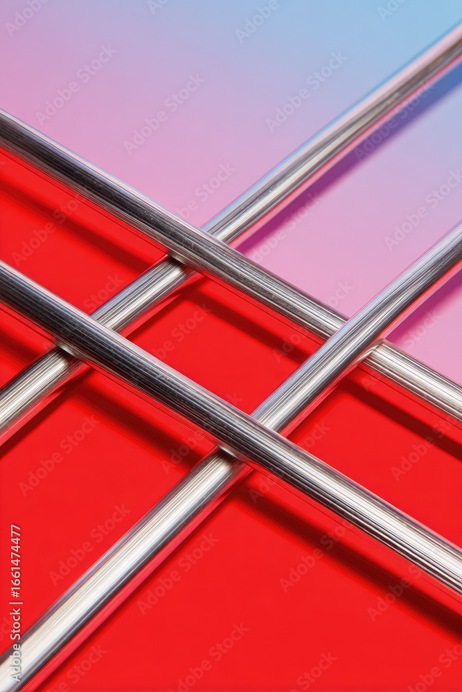 Fototapeta premium Intersecting chrome rods on a vibrant red and pink gradient background