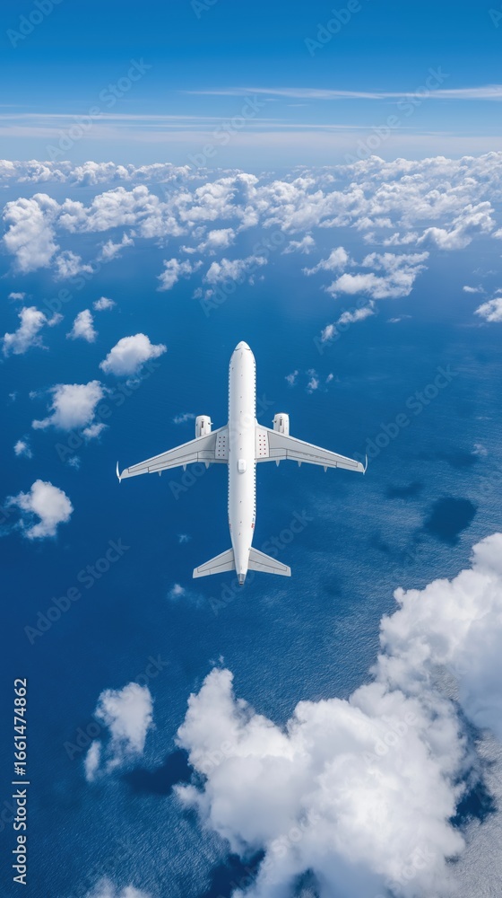 Fototapeta premium Airplane flying above clouds over the ocean captured from aerial perspective on clear sunny day