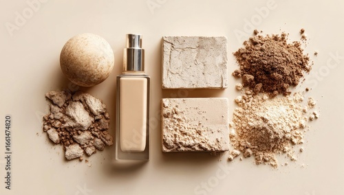 Natural makeup products arranged on beige surface.  Foundation, powder, and clay-based products