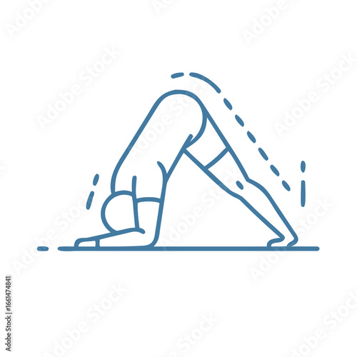 Minimalist line icon of person in forearm downward dog pose, representing strength, flexibility, and grounding in yoga.

