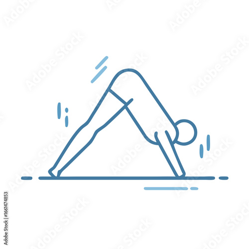 Minimal icon of person in downward dog yoga pose, emphasizing body strength, deep breathing, and relaxation.
