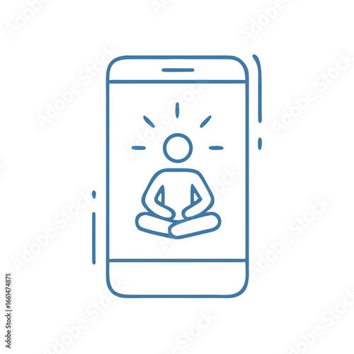 Line icon of smartphone screen with meditating figure, representing digital wellness, mindfulness apps, and guided sessions.
