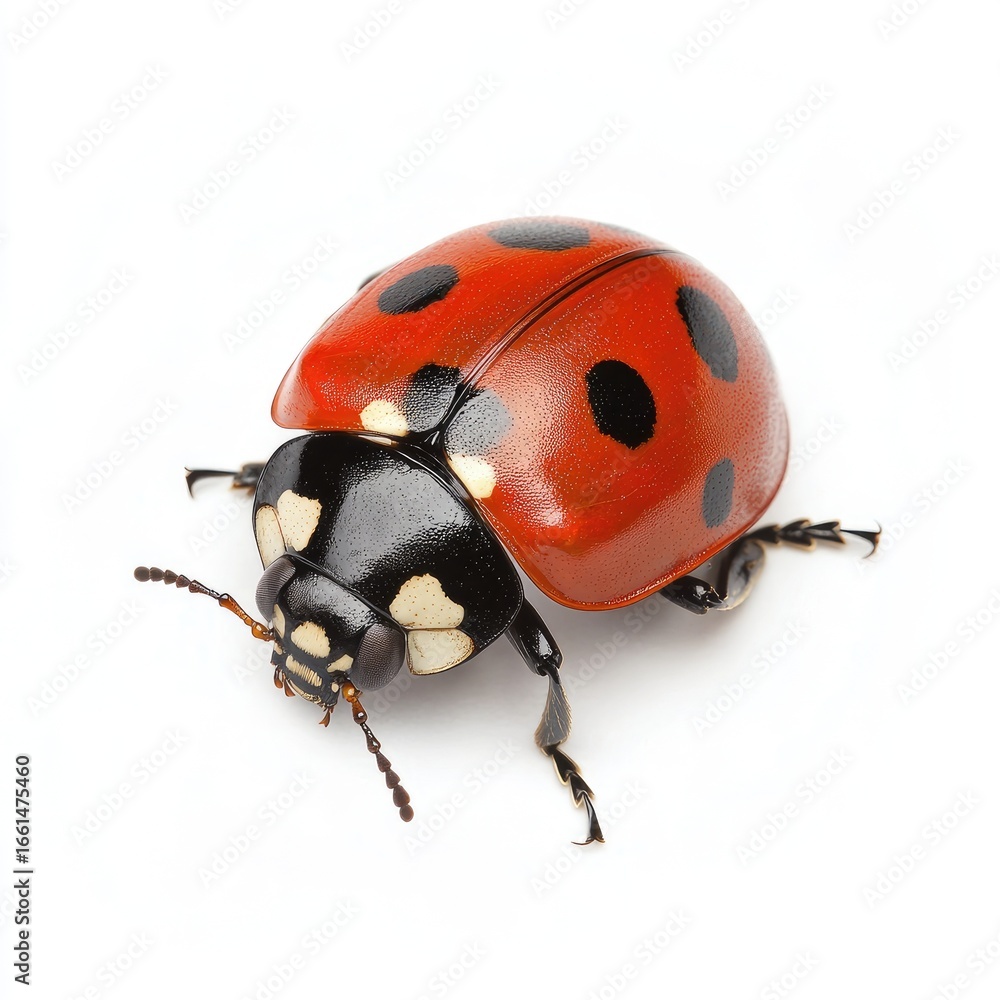 Naklejka premium Close-up of a ladybug, red shell with black spots, on white background (1)