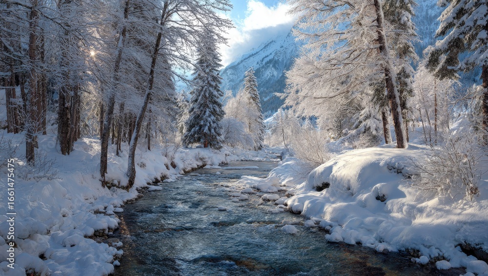 Fototapeta premium Snowy stream winding through a winter forest bathed in sunlight