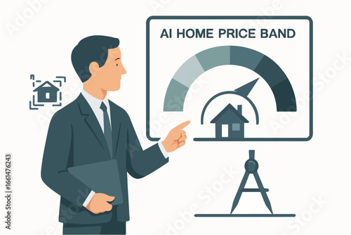 Real-estate agent viewing AI price band for a home Illustration
