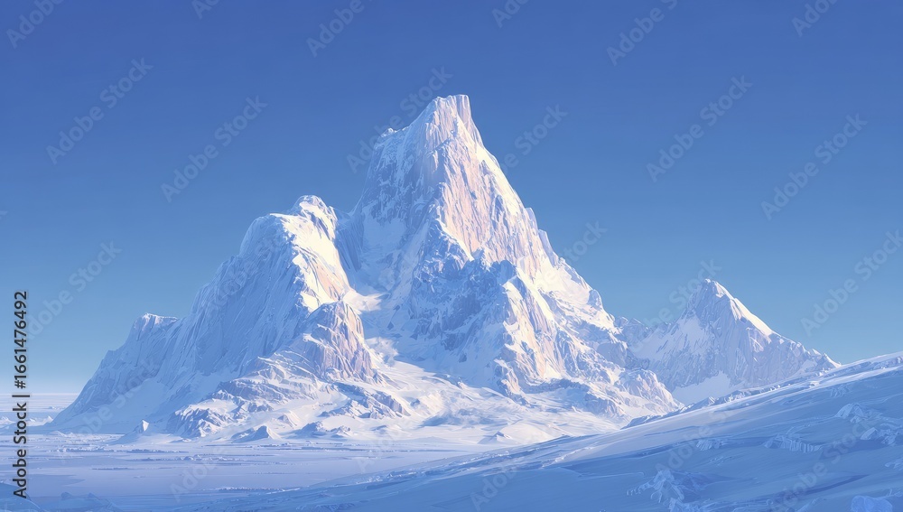 Obraz premium Majestic snow-capped mountain peak against a clear blue sky. Vast expanse of pristine white snow and ice. Gentle slopes and sharp ridges. Sunrise or sunset light illuminates the peak