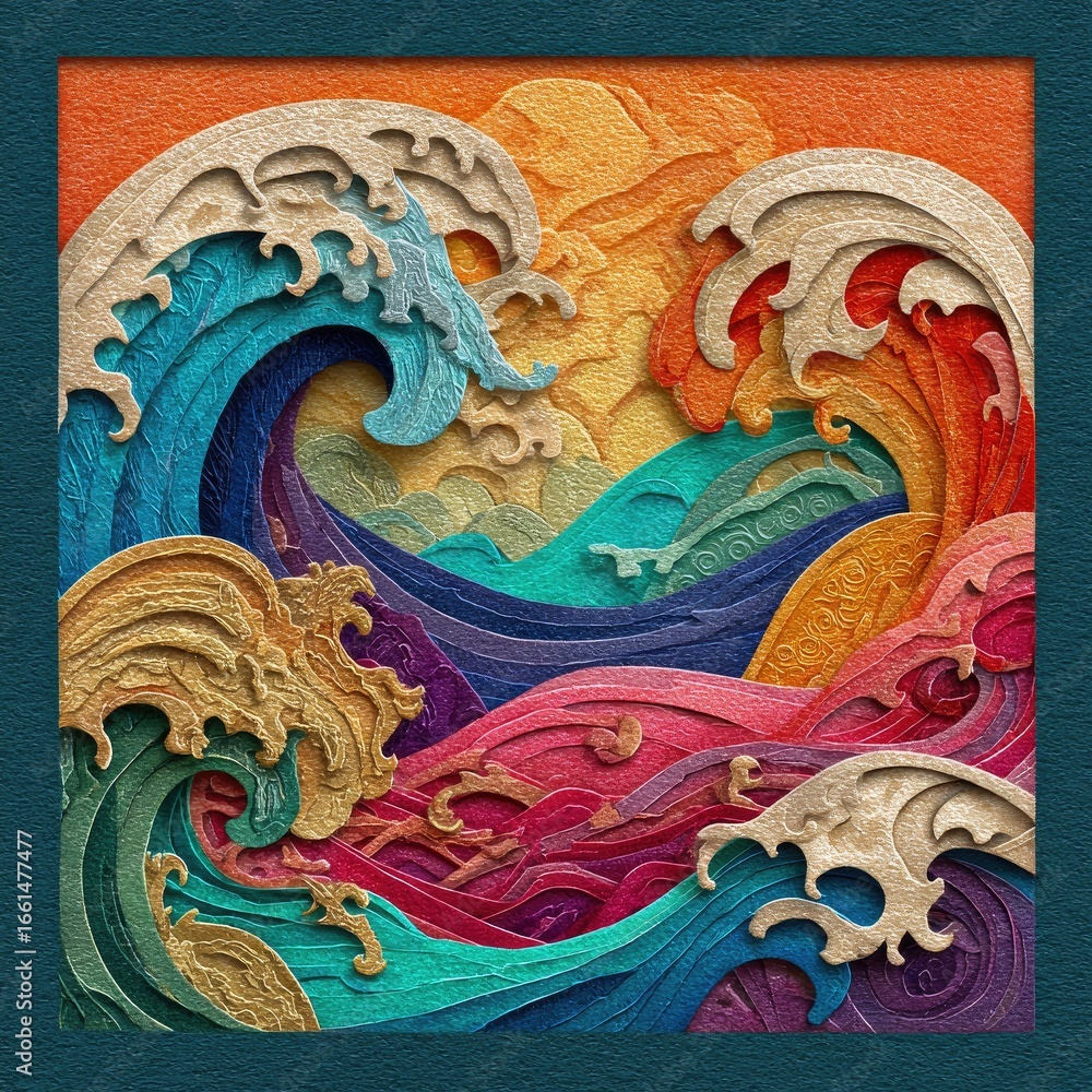 custom made wallpaper toronto digitalLayered paper waves, vibrant colors,  abstract art