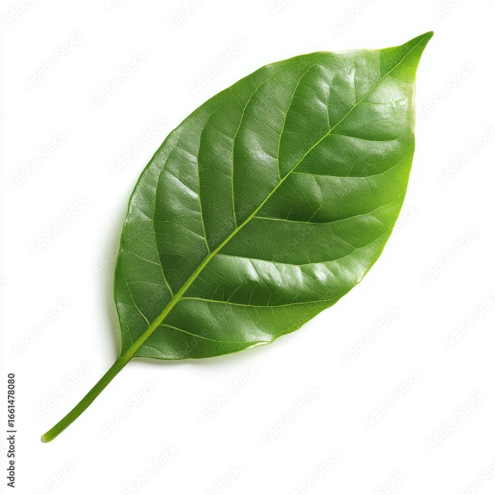 Obraz premium Vibrant green leaf, oval shape, smooth texture, isolated on white background