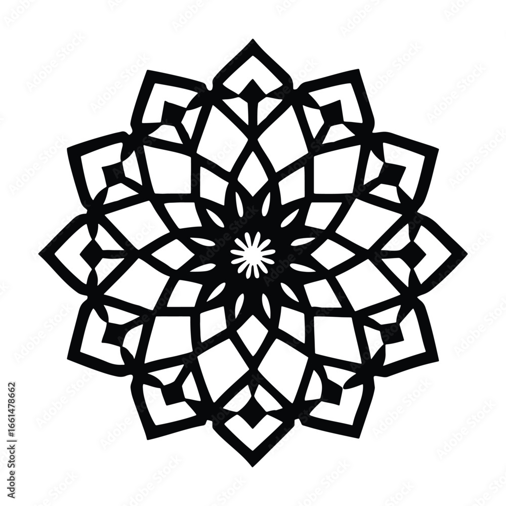 Fototapeta premium Geometric floral motif: A stunning, geometrically precise floral design, a mesmerizing monochrome artwork. Evoking a sense of balance, harmony, and artistic finesse. 