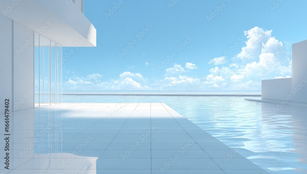 Fototapeta premium White modern architectural exterior with infinity pool. Vast, bright, sunny, exterior scene. Large expanse of blue sky, white clouds, and tranquil water. Clean, minimalist design