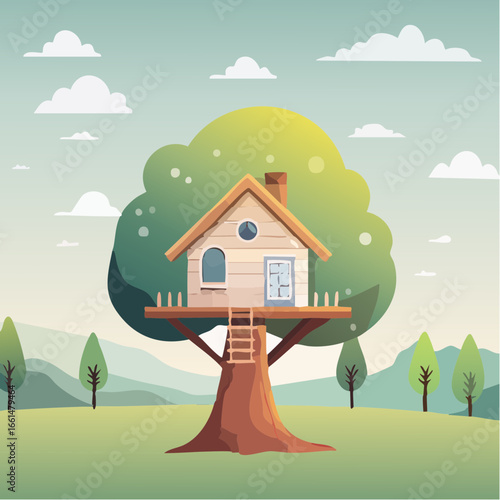 The image shows a tree house in the middle of a field, surrounded by lush green grass and tall trees. The sky is filled with white, fluffy clouds, creating a peaceful atmosphere.