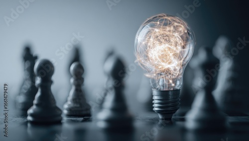 A glowing lightbulb stands amidst chess pieces, suggesting innovation and strategic thinking