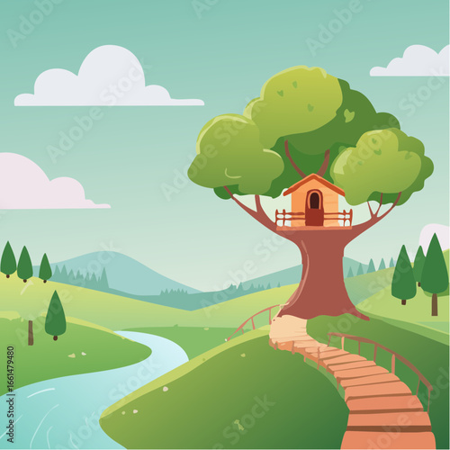 The image shows a tree house in the middle of a river, surrounded by lush green grass, trees, and mountains in the background. The sky is filled with white, fluffy clouds,