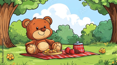 Teddy bear enjoying a picnic in the park