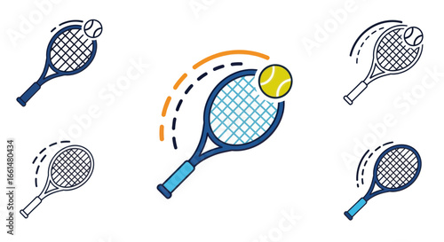 Collection of stylized tennis rackets with balls in motion, representing the sport of tennis.
