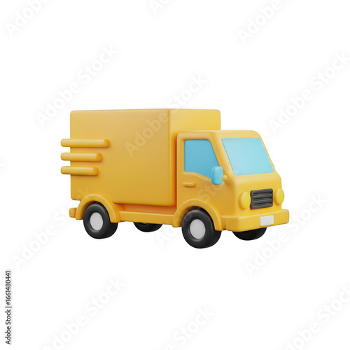 3d  a yellow delivery truck cartoon on transparent background