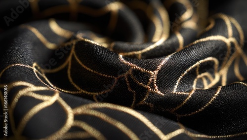 Close-up of black fabric with gold embroidery