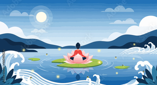 Peaceful meditation on a lotus, embracing serenity in nature scenery by lake