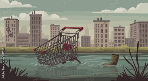 Urban Degradation Cartoon, a Abandoned Shopping Cart in Polluted Waterscape