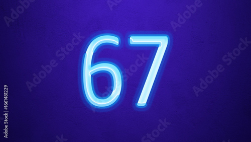 Glowing blue number design of 67 on blue background.