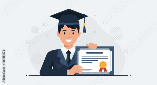 Young male graduate cheerfully showcasing his academic achievement diploma