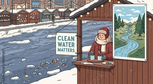 Advocating for clean water at a winter market with a polluted river nearby